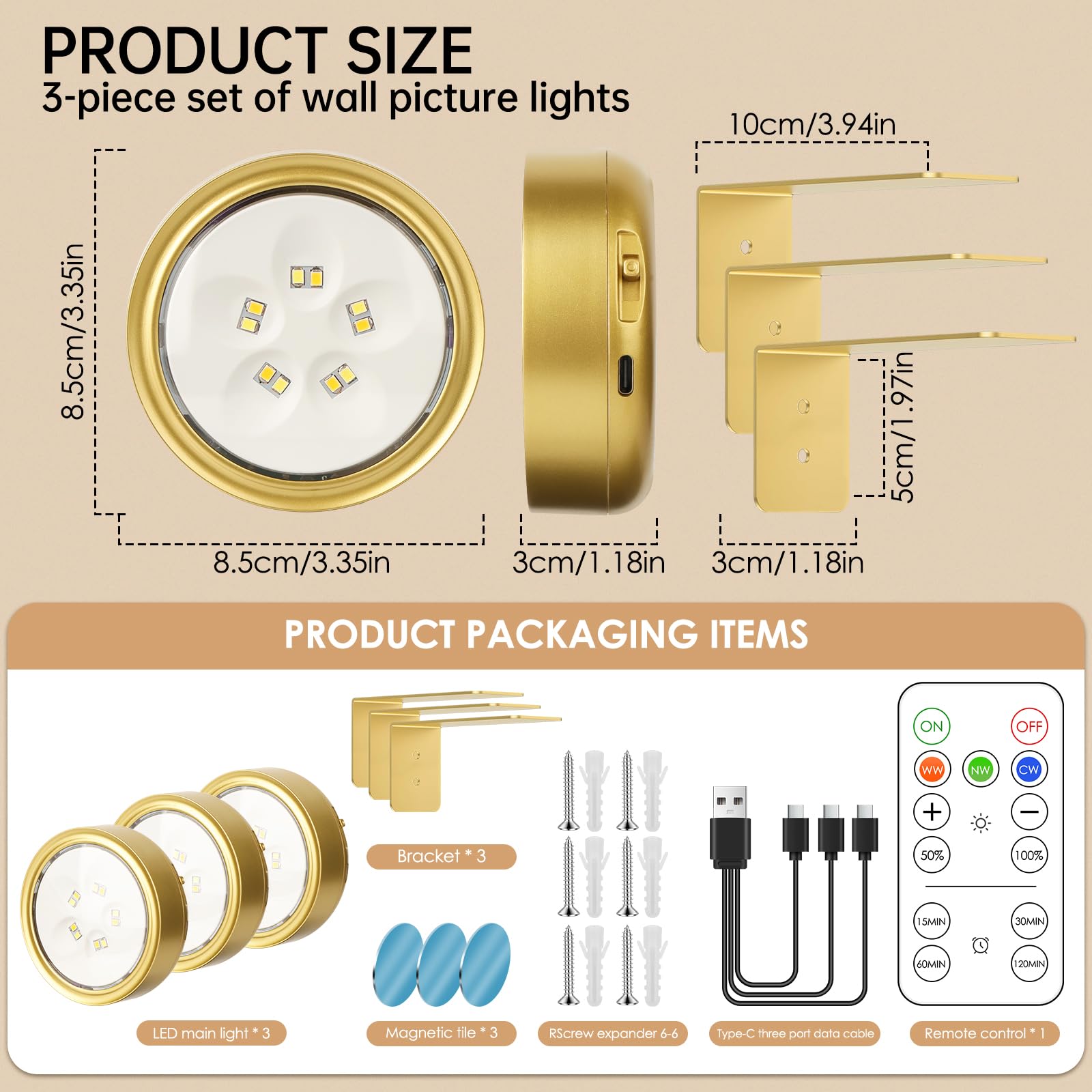 3 Pezzi Luce per Quadri a Batteria Telecomando, Lampada da Parete con Telecomando, Illuminazione Dell'Immagine Senza Fili, Ricaricabile USB Lampada da Muro, Dimmerabile, per Quadri, Vetrine