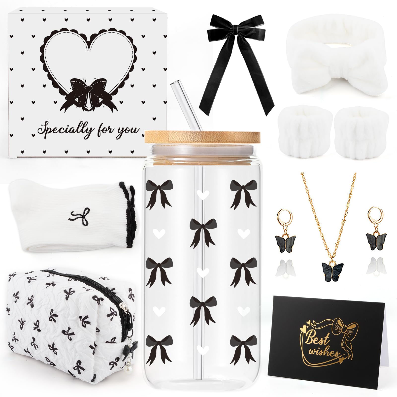 Geschenke für Mädchen Teenager 9 10 11 12 13 14 15 16 Jahre, Geburtstag Geschenk Mädchen Teenager Frauen, Glasbecher mit Strohhalm und Deckel, Kosmetiktasche Schwarze Schleife Kaffeetasse