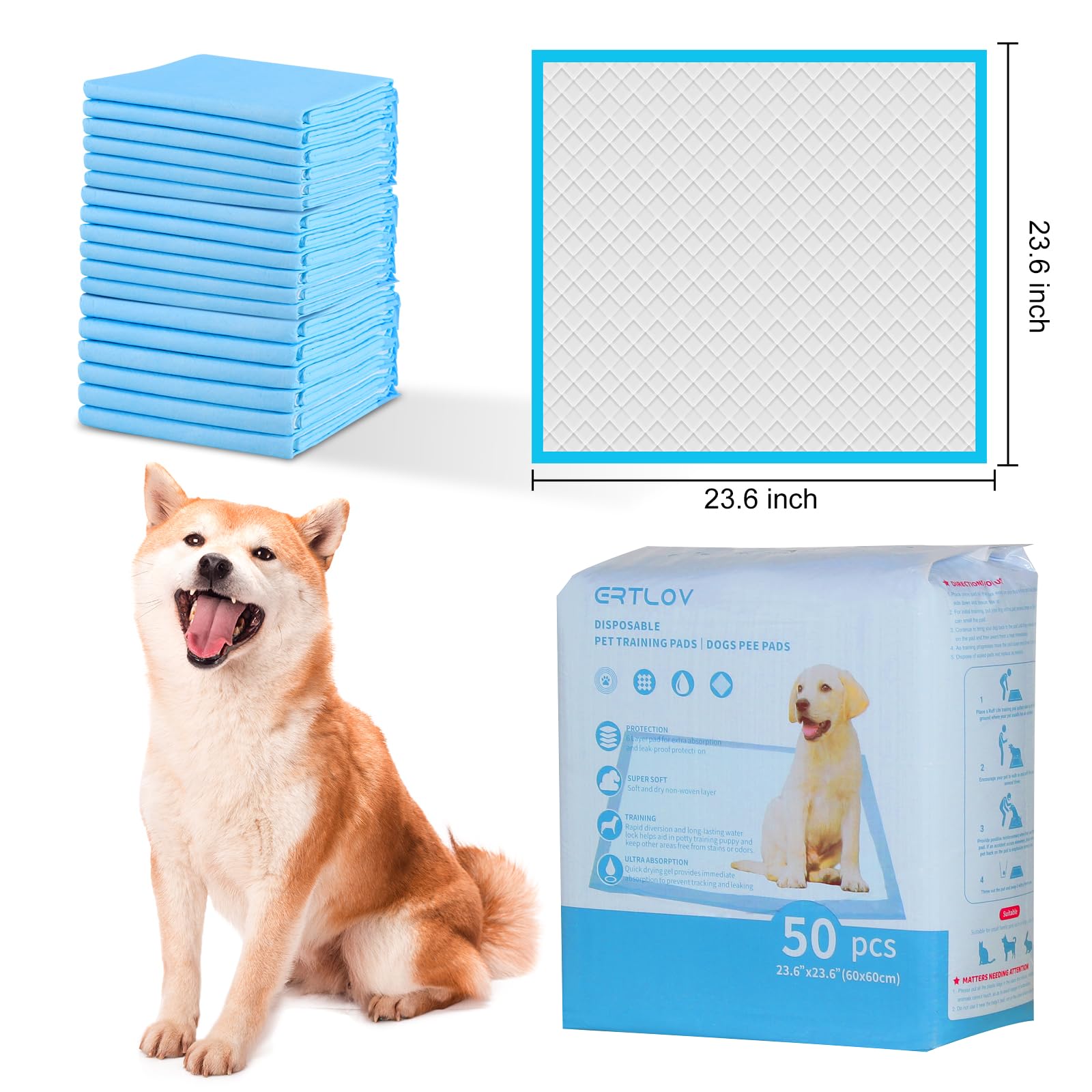 Almohadilla para orina de perro, grande, 23.6 x 23.6 pulgadas (paquete de 50), almohadillas desechables de entrenamiento para cachorros, almohadillas para orinal y mascotas, ultra absorbente, 6