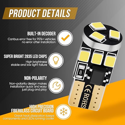 Miniatura 9 de 194 bombillas LED T10 W5W 2825 158 192 168 Canbus 9SMD 2835 Chipset azul hielo extremadamente brillante sin polaridad para interior de coche,