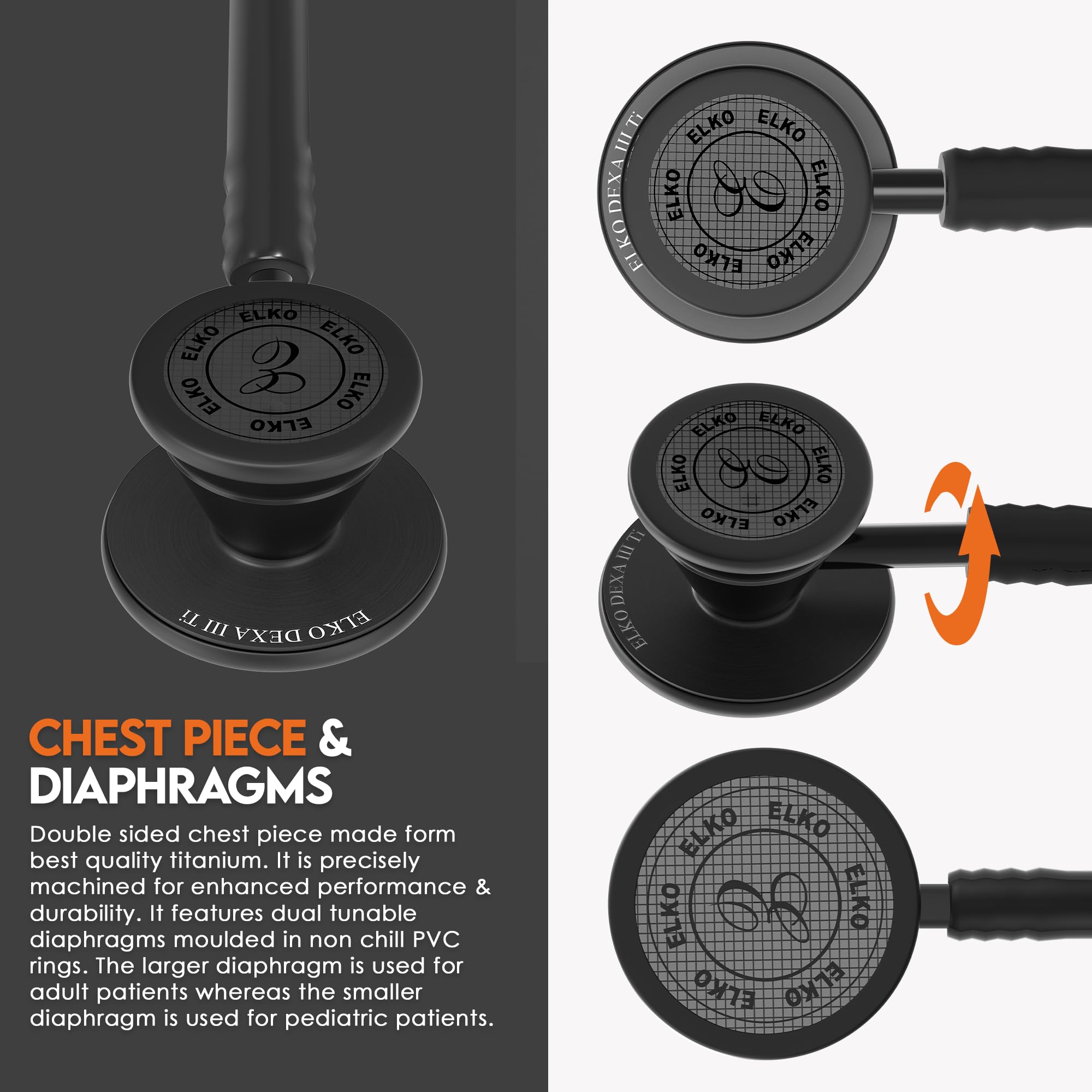 ELKO EL-250 DEXA III Ti Black Edition Titanium dual head acoustic stethoscope | Adult & Pediatric Stethoscope with Double-sided Natural Titanium Chestpiece | Two-Way PVC Tubing | Doctors & Medical Students (BLACK) - Image 5 thumbnail