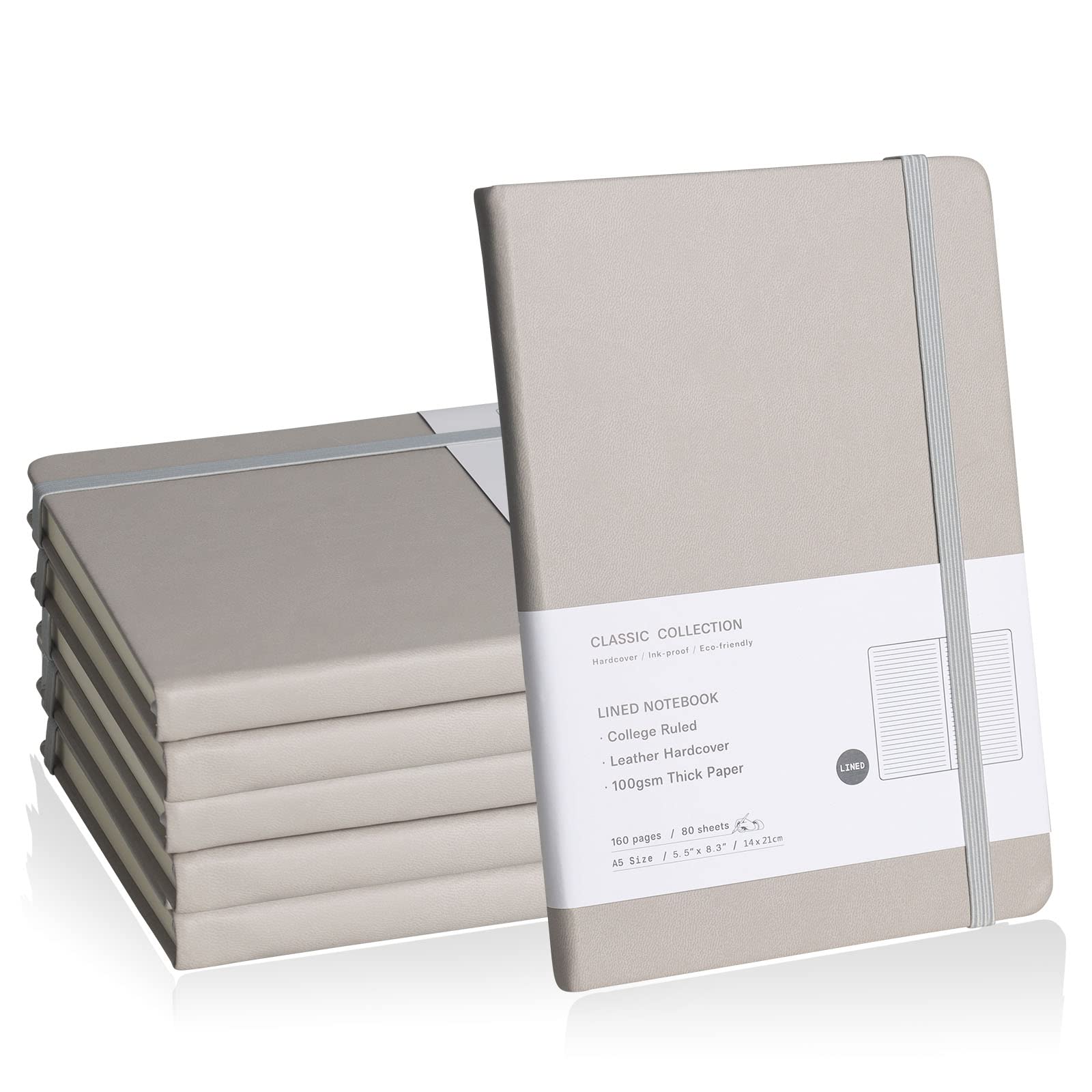 Quaderno a righe, confezione da 6 (grigio), 160 pagine, media 14,5 x 20,3 cm, carta spessa 100 g/m², copertina rigida