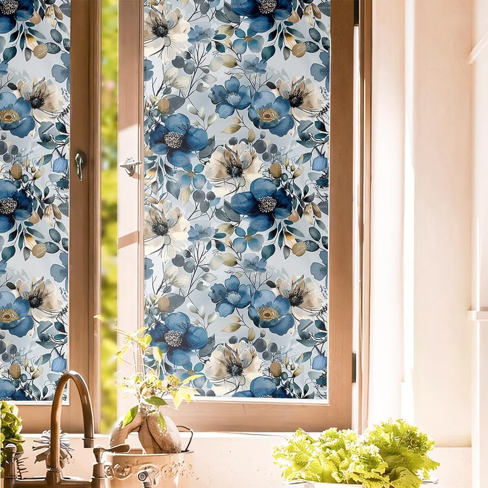 16“x118 Vintage Blue Grey Flower Double Side Window Films Art Decorative Window Privacy Tinting Film Self-Adhesive Static Glass Window Clings Stickers for Living Room Bathroom Glass Windows Decor