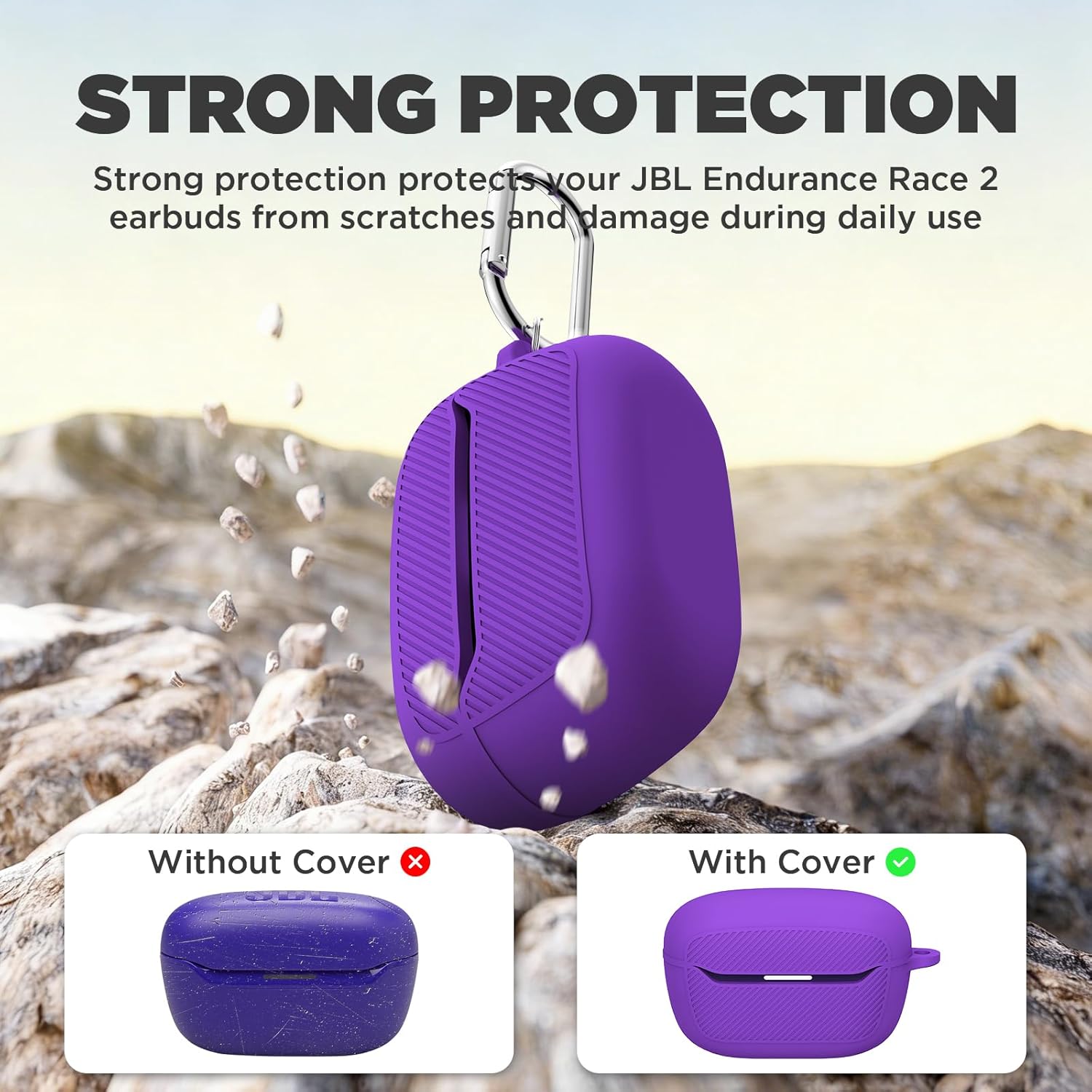 Soft Silicone for JBL Endurance Race 2 Case Cover with Carabiner&Cleaning Pen Kit,Anti-Slip Anti-Scratch Protective Cover Compatible with JBL Endurance Race 2 Charging Case (Purple) - Image 4