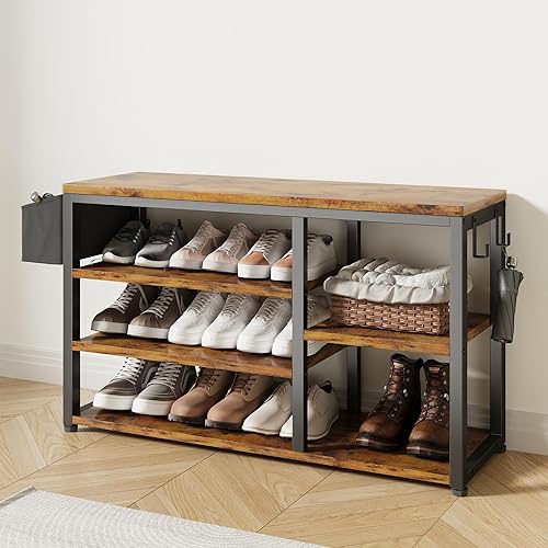 Miniatura 8 de Aiho Hall Tree con banco, juego de perchero 4 en 1, banco industrial para zapatos con 4 ganchos, 5 cubos de almacenamiento para zapatos, para