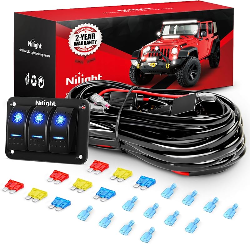 Nilight 16AWG LED Light Bar Wiring Harness Kit-6 Leads | 12V On/Off 3 Gang Rocker Switch Panel Power Relay Blade Fuse 5Pin Toggle Switches for Cars Boat ATV Trucks