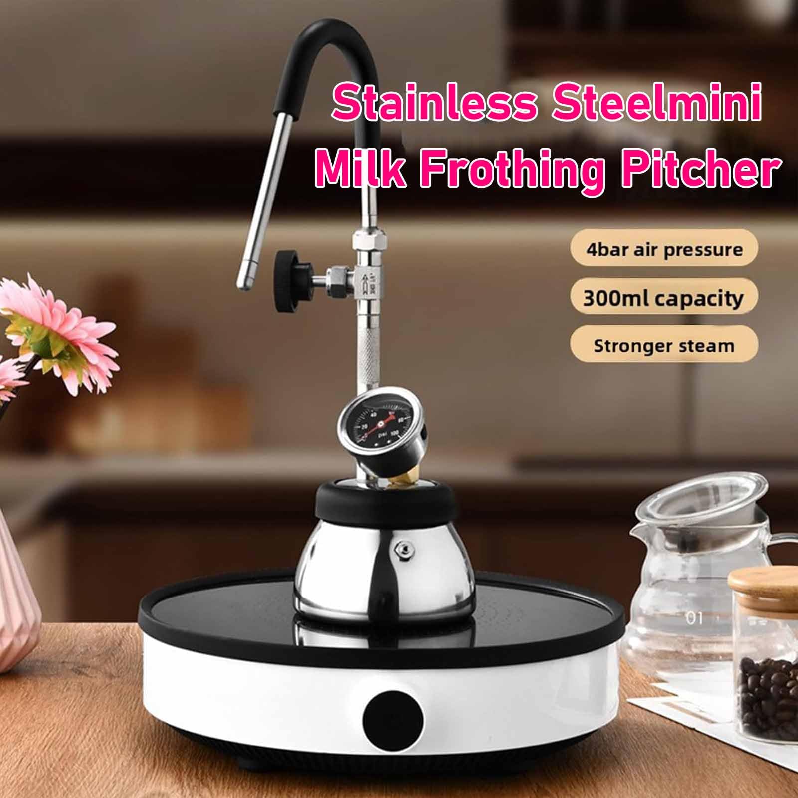 Espumador De Leche Eléctrico con Varilla Vapor Ajustable Multiángulo 60° Y Boquilla 3 Orificios, Presión De 4 Bares, Capacidad De 300 Ml, Acero Inoxidable, para Lattes, Capuchinos