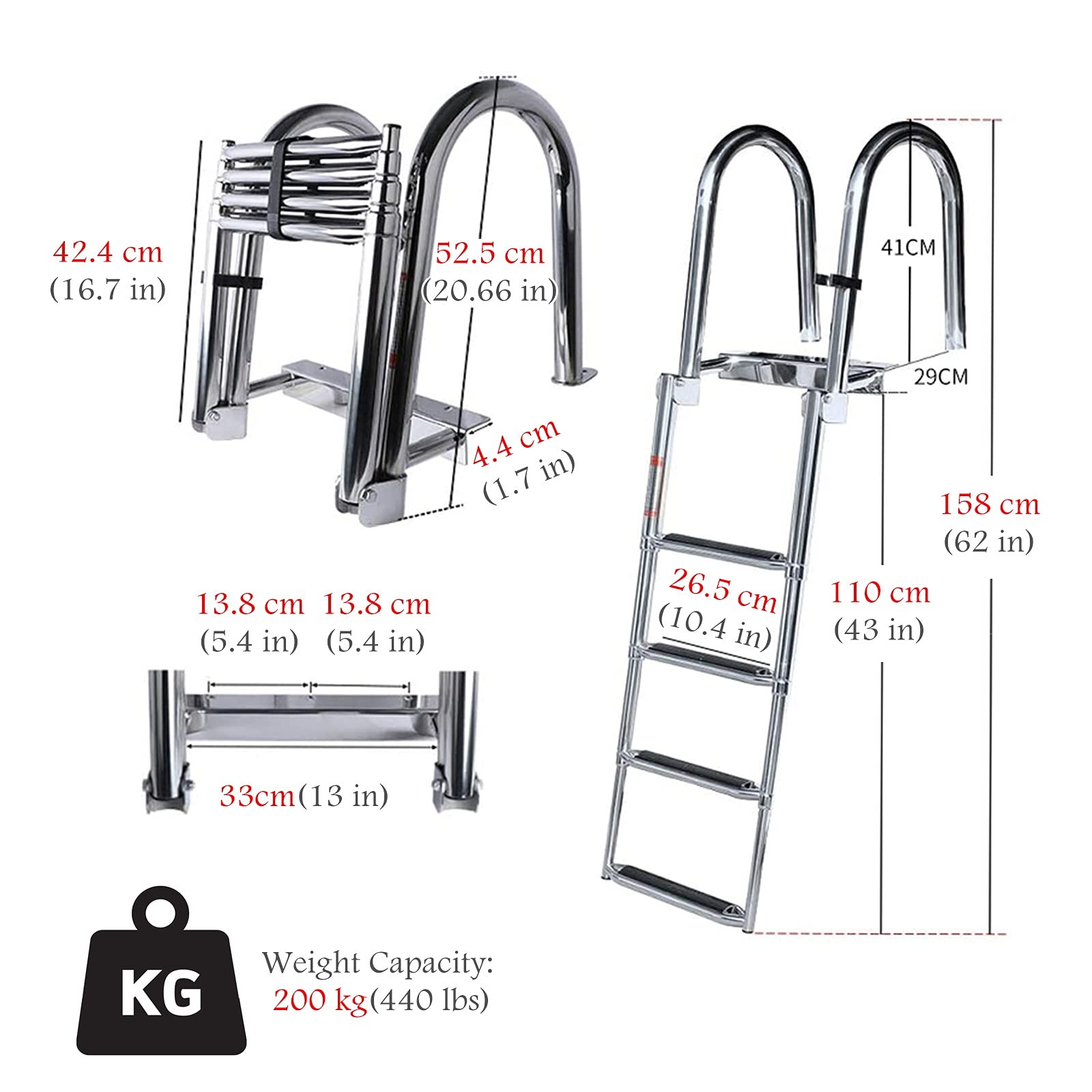 Scaletta per barche in acciaio inox, pieghevole a 4 gradini, per banchina, design telescopico resistente, ideale per yacht e pontoni