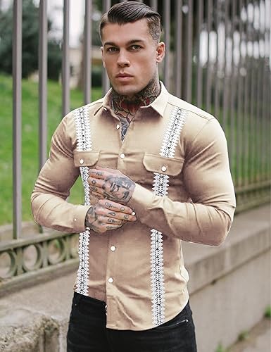 Vista 3 de KELLORENA Camisas de guayabera cubana de manga larga con botones, estilo mexicano, camisas de algodón para campamento