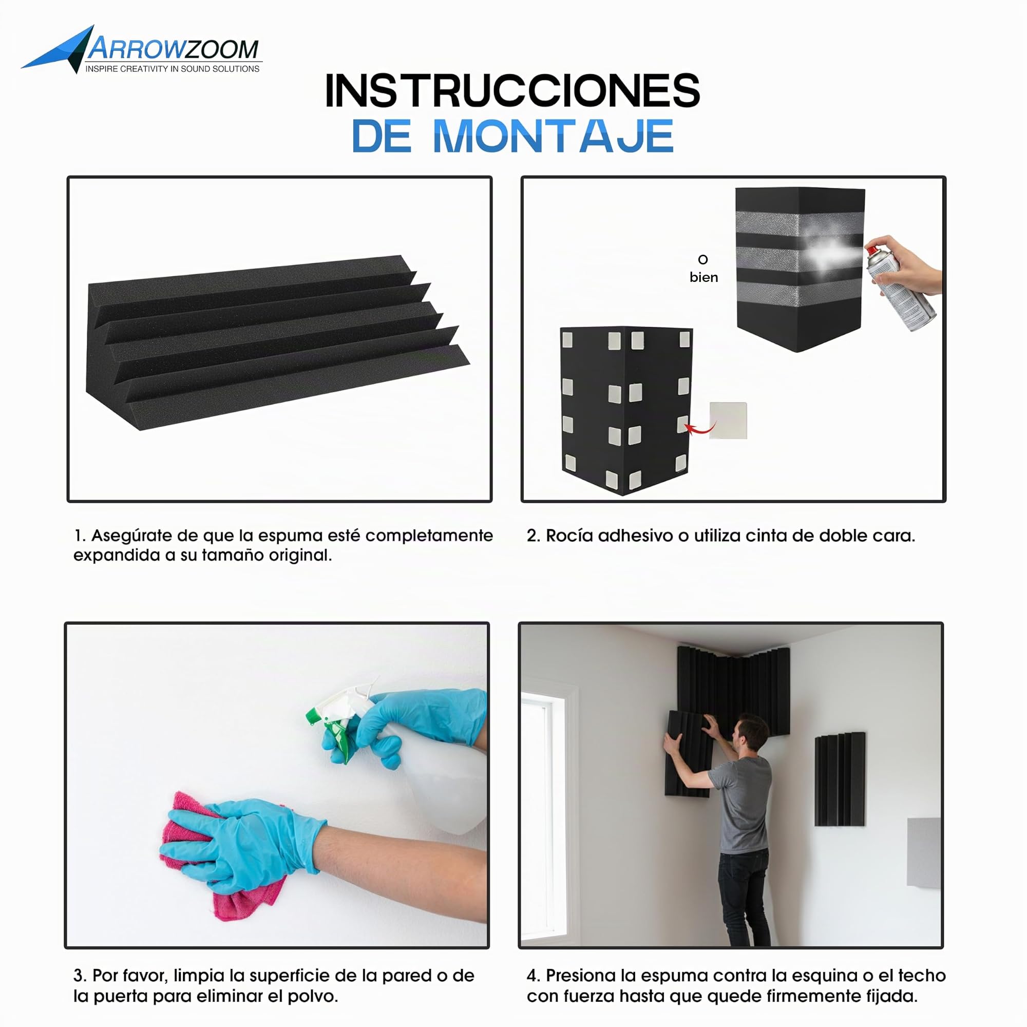 Arrowzoom 4 Bass Trap Acústicos 12x12x48cm Absorbentes Negro | Paneles acústicos para bajas frecuencias 60-300Hz con espuma absorbente para estudio, grabación, gaming y tratamiento