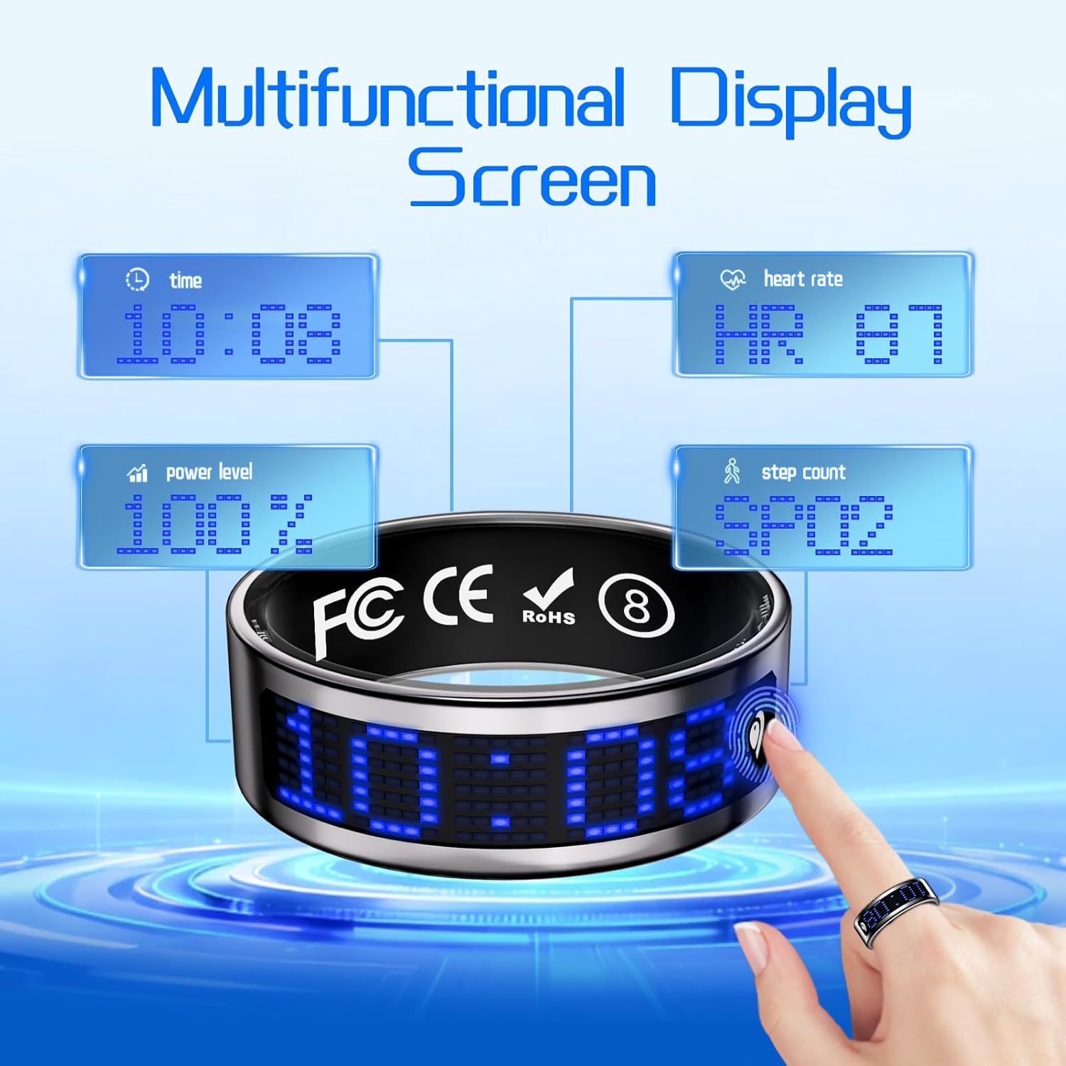 Smart Ring for Women & Men, Fitness & Health Tracker with Display Screen, IP68 Waterproof Smart Rings for Health Monitoring, Fitness Tracker Ring with Call Notification, No App Fees (Black, 10#)