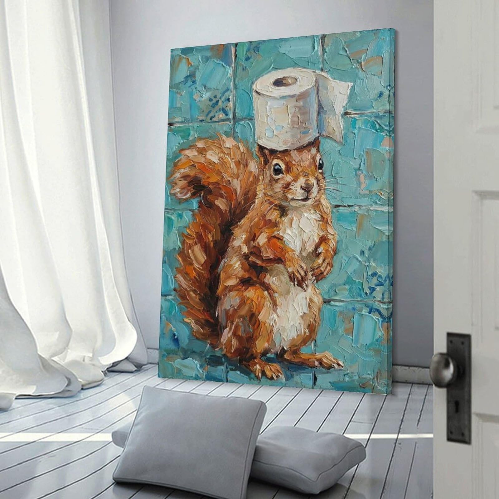 Junmoney Frame-Style-5 Squirrel With Toilet Paper Canvas Wall Art 24X36inch(60X90cm), For Workspace Walls, Study Corners Or Bedrooms, Wall Art That Adds Style To Work Areas