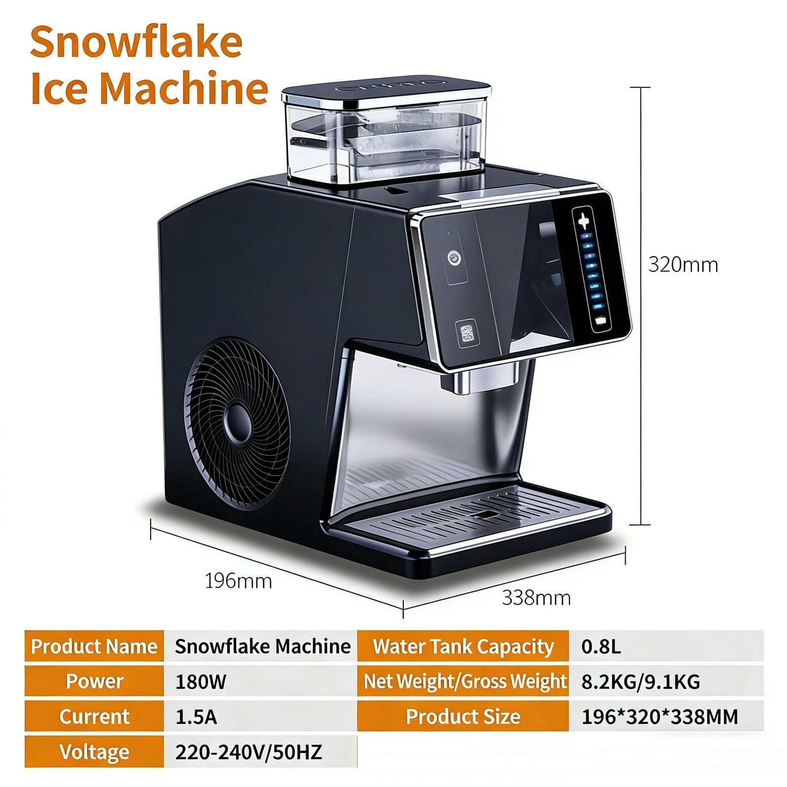 Máquina for hacer conos de nieve eléctrica de 180 W, máquina for hacer hielo con copos de nieve comercial con pantalla táctil inteligente, tanque de agua de 0,8 L, ajuste de 8 velocidades