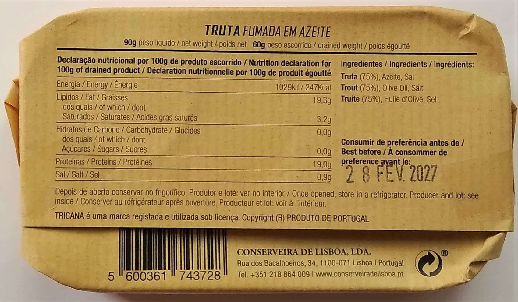 Tricana - Truite fumée à l'huile d'olive / Produit Gourmet du Portugal - 5 x 120 gr Pack