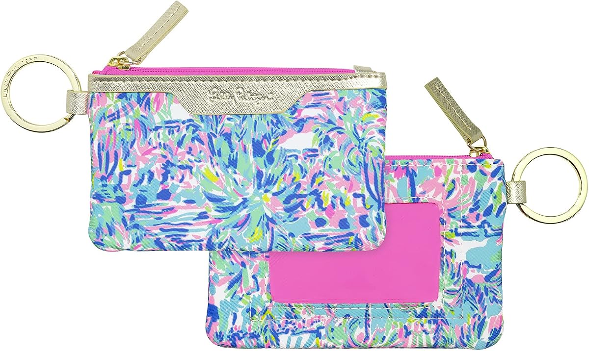 Lilly Pulitzer Zip Card Case ID Wallet, Cabana Cocktail | Cute, Colorful, Keychain Coin Purse Wallet with Zipper Close, Key Ring, and ID Window