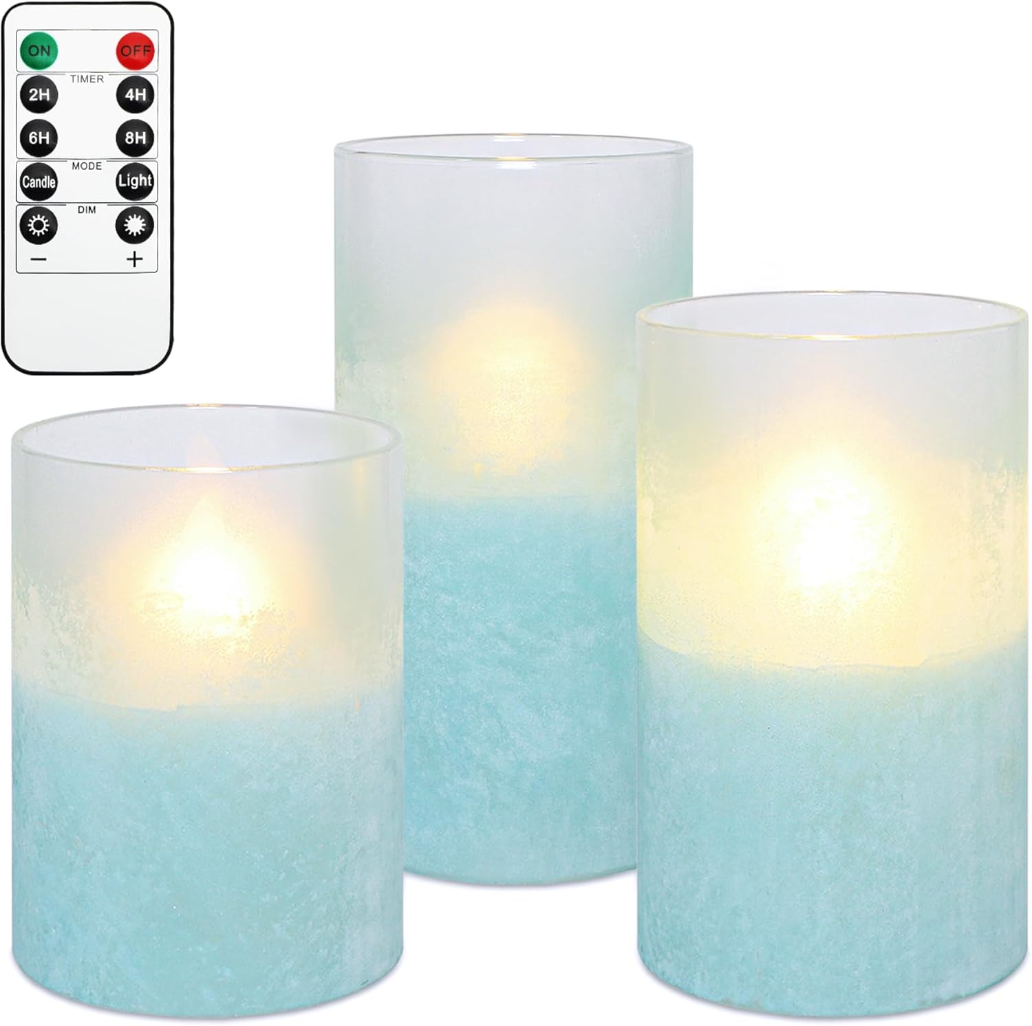 Blue Flameless Candles with Remote, Battery Operated LED Flickering Candles with Timer Sandblasted Glass LED Pillar Candles for Wedding Room Home Summer Ocean Decor