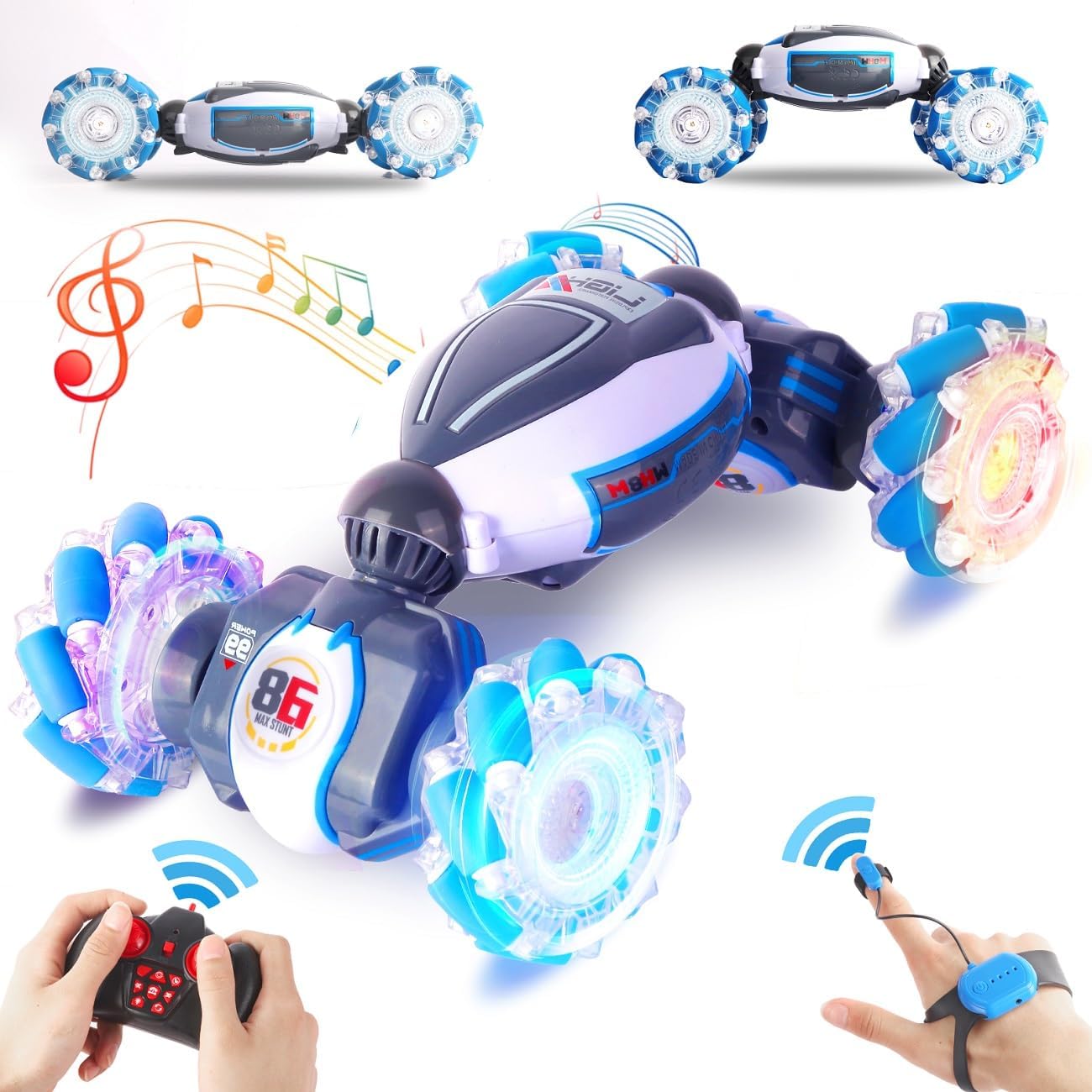 Threeking Rc Twist Stunt Car Toy Remote Control Cars Moving Horizontally Double-Sided Driving 360-degree Rotating with Lights Music 4WD Car Toys Gifts Presents for Boys/Girls Ages 6+