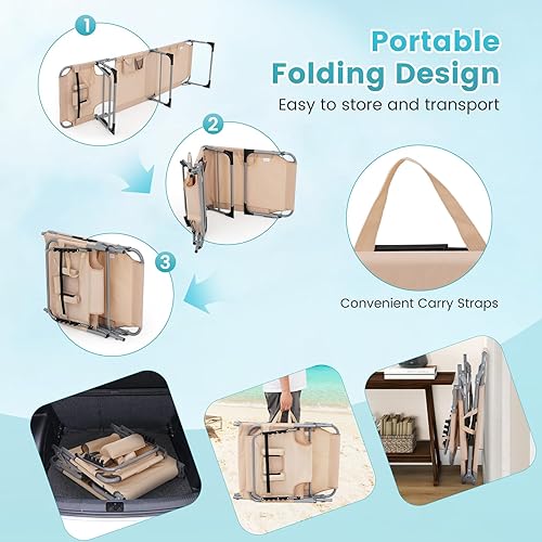 Miniatura 6 de Goplus Silla bronceadora, silla de playa plegable con agujero para cara y brazo, 5 posiciones ajustables, almohada extraíble, bolsillo lateral,