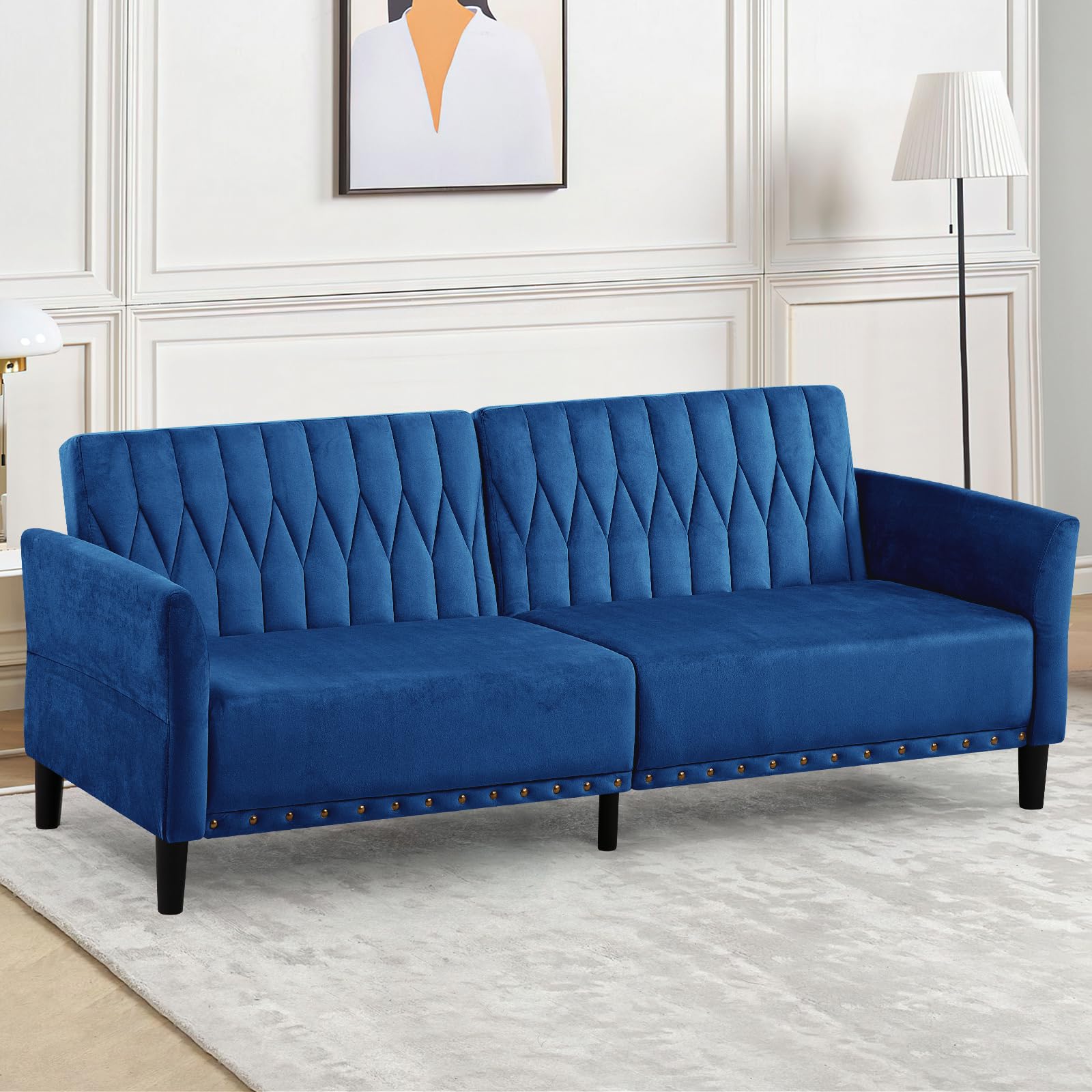 77” Velvet Sofa Bed with Adjustable Armrests and Backrests, Blue | Tufted Convertible Futon Couch with Nailhead Trim, Loveseat Modern Velvet Sleeper Sofa for Living Room,Bedroom,Office