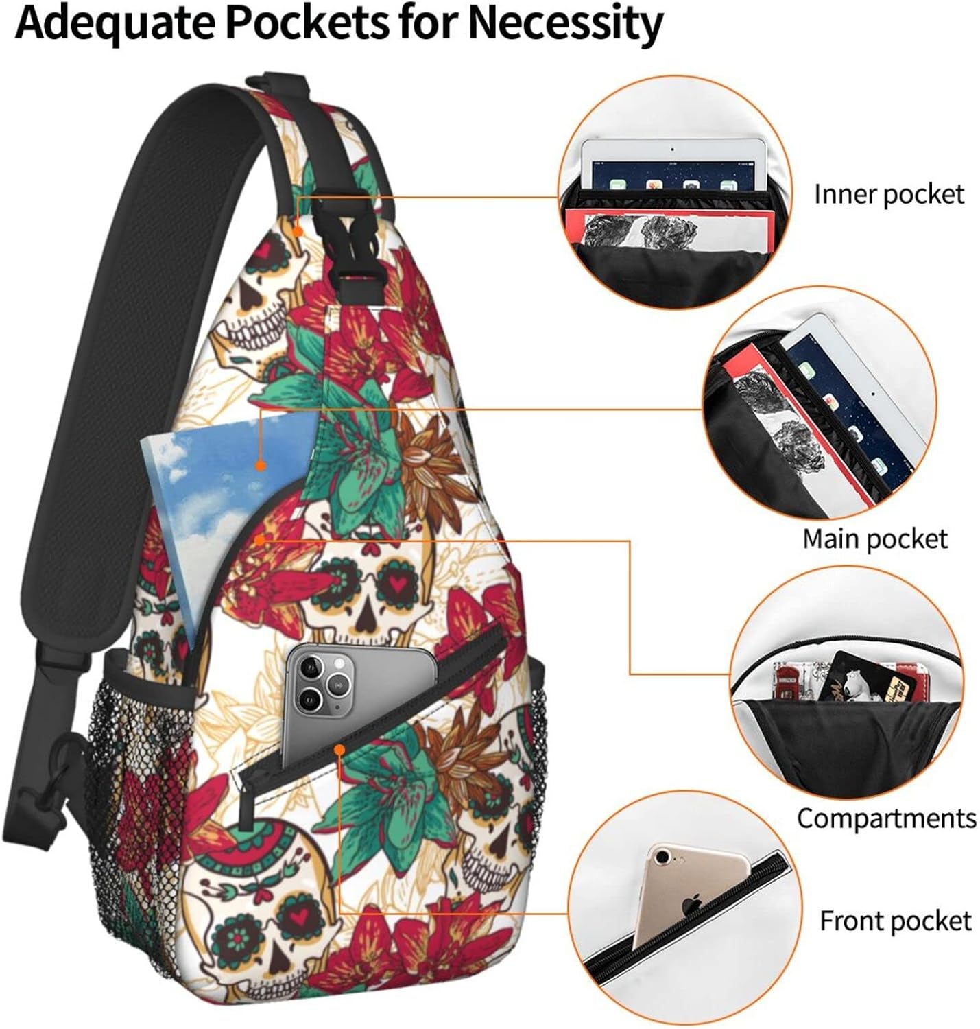 Sling Bag Skull Flower Sugar Crossbody Backpack for Women & Men - Hiking, Travel, Cycling - Lightweight, Small Daypack, One Strap, Chest Bag, Purse, Outdoor