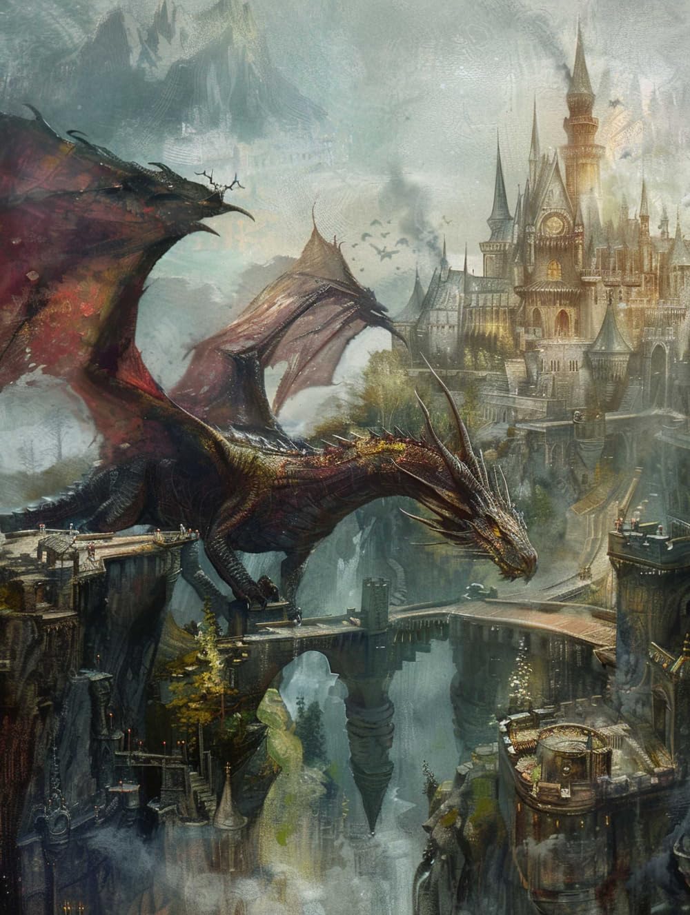 Rkflgew Multicolored 14Ct Stamped Cross Stitch Kits Fantasy Dragon Animal And Castle Counted Fabric Cross Stitching Diy Art Needlecrafts Embroidery Kits With Scissors Accessories 30X40cm