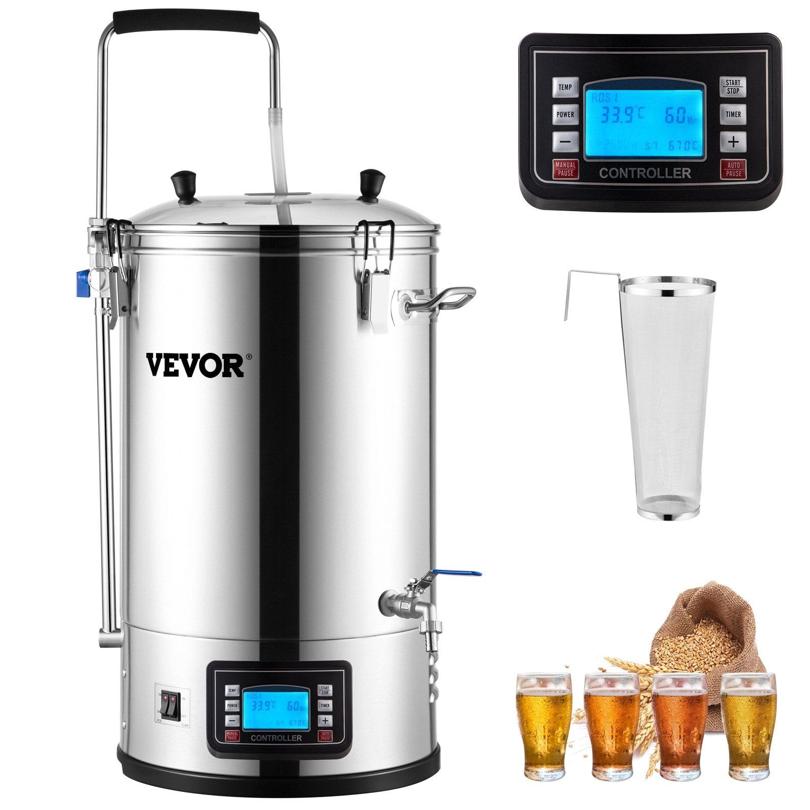 Electric Brewing System, 9.2 Gal/35 L Brewing Pot, All-in-One Home Beer Brewer w/Pump, Mash Boil Device w/Panel, Auto/Manual Mode 100-1800W Power