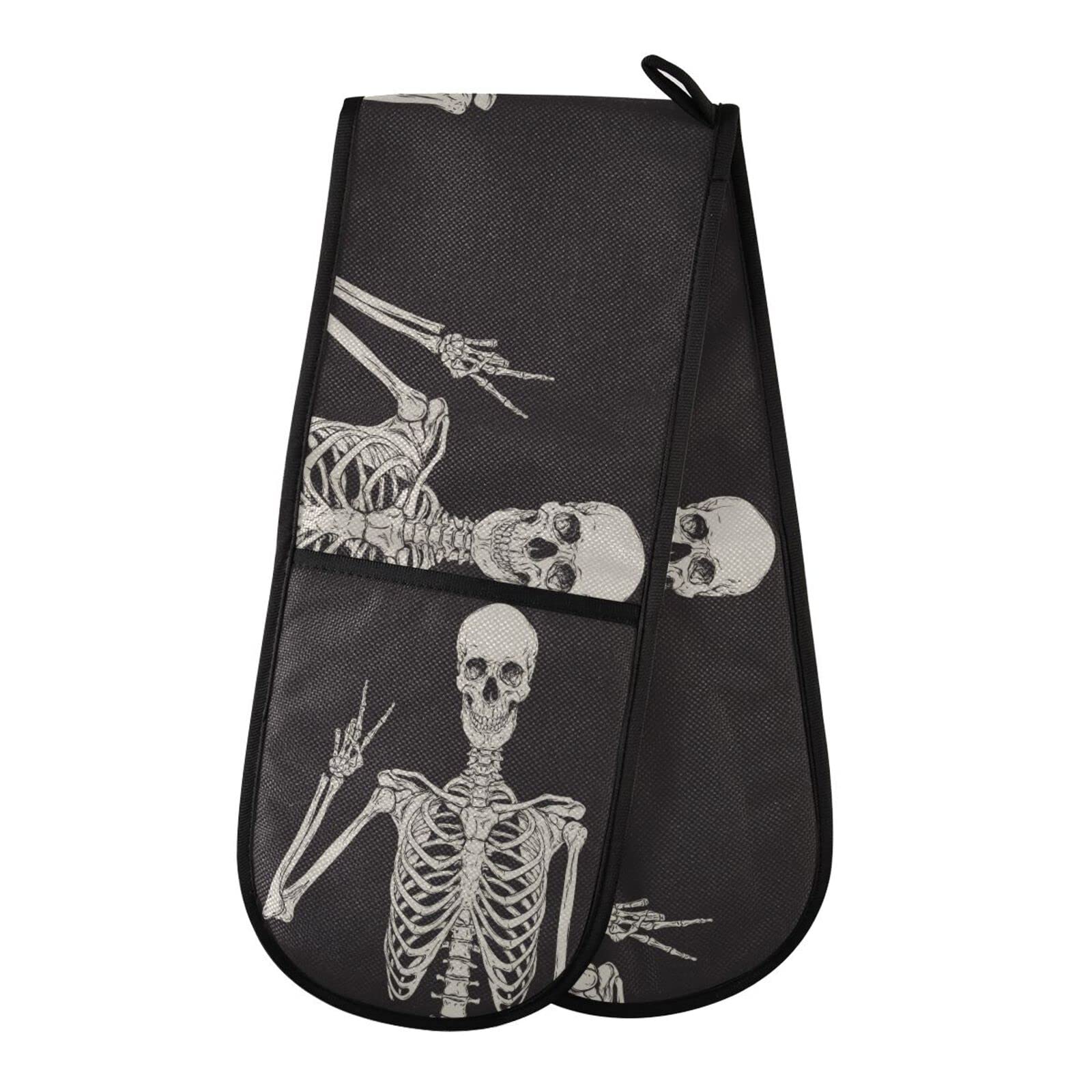 Double Oven Glove Funny Human Skull Skeleton Heat Resistant Double Ovens Mitt Modern Cooking Gloves Potholders โ image 1