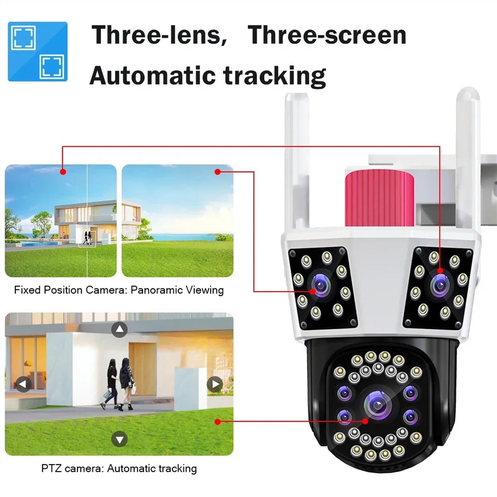 Kamera bezpieczeństwa, Zewnętrzna wodoodporna kamera IP HD PTZ 8X Zoom Trzy obiektywy ekrany Kamera wideo CCTV Ochrona bezpieczeństwa(12MP No Card)
