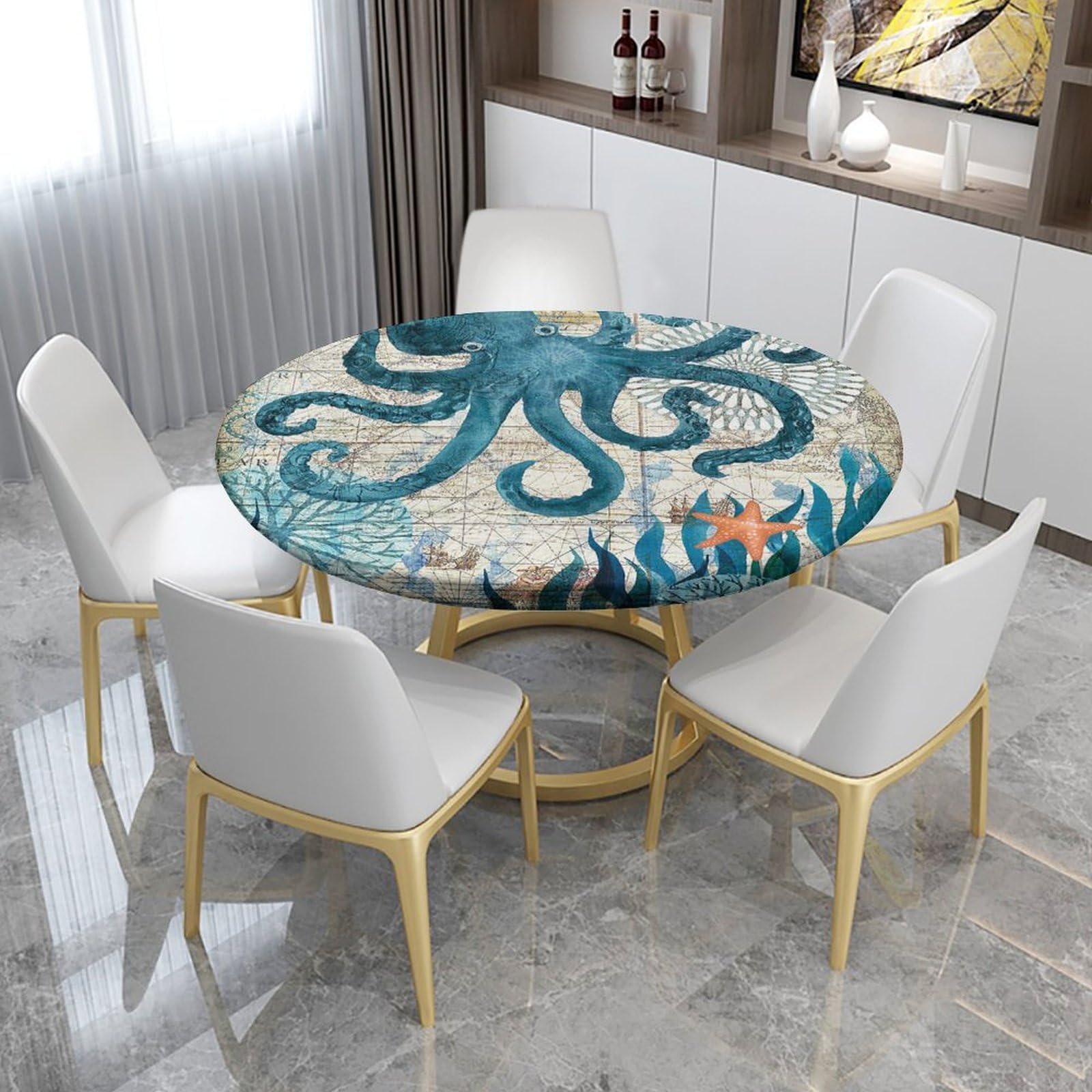 igoga sports Round Fitted Tablecloth for Dining Room Table, Elastic Edge Table Cover for Outdoor Picnic Patio Birthday Party or Indoor Table Decor Fits Tables Up to 40''-44