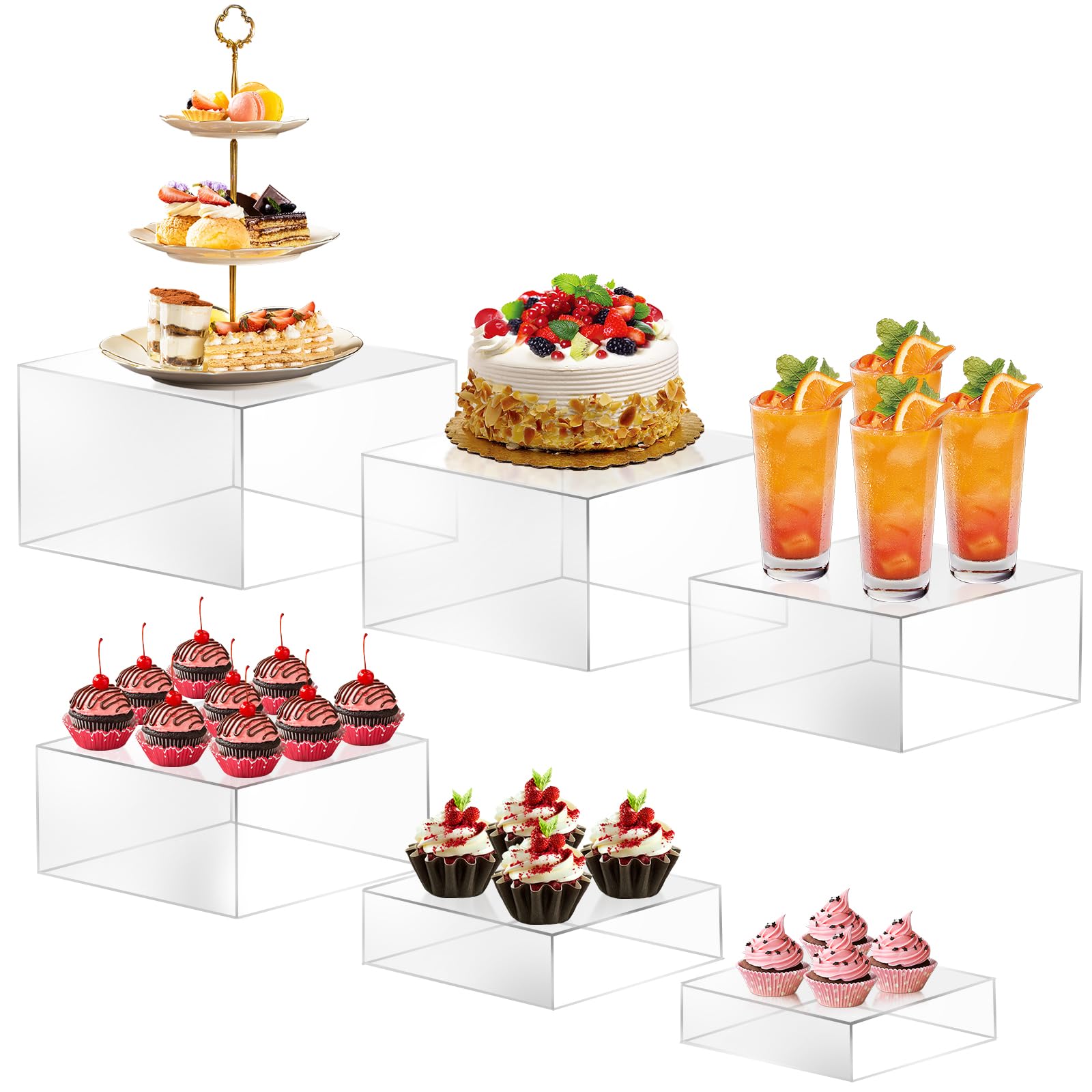 6PCS Buffet Risers, Food Risers for Buffet Table, Buffet Risers and Stands, Acrylic Clear Boxes for Food Display, Acrylic Cube Boxes big size(10"-9"-8"-7.5"-6.7"-6")