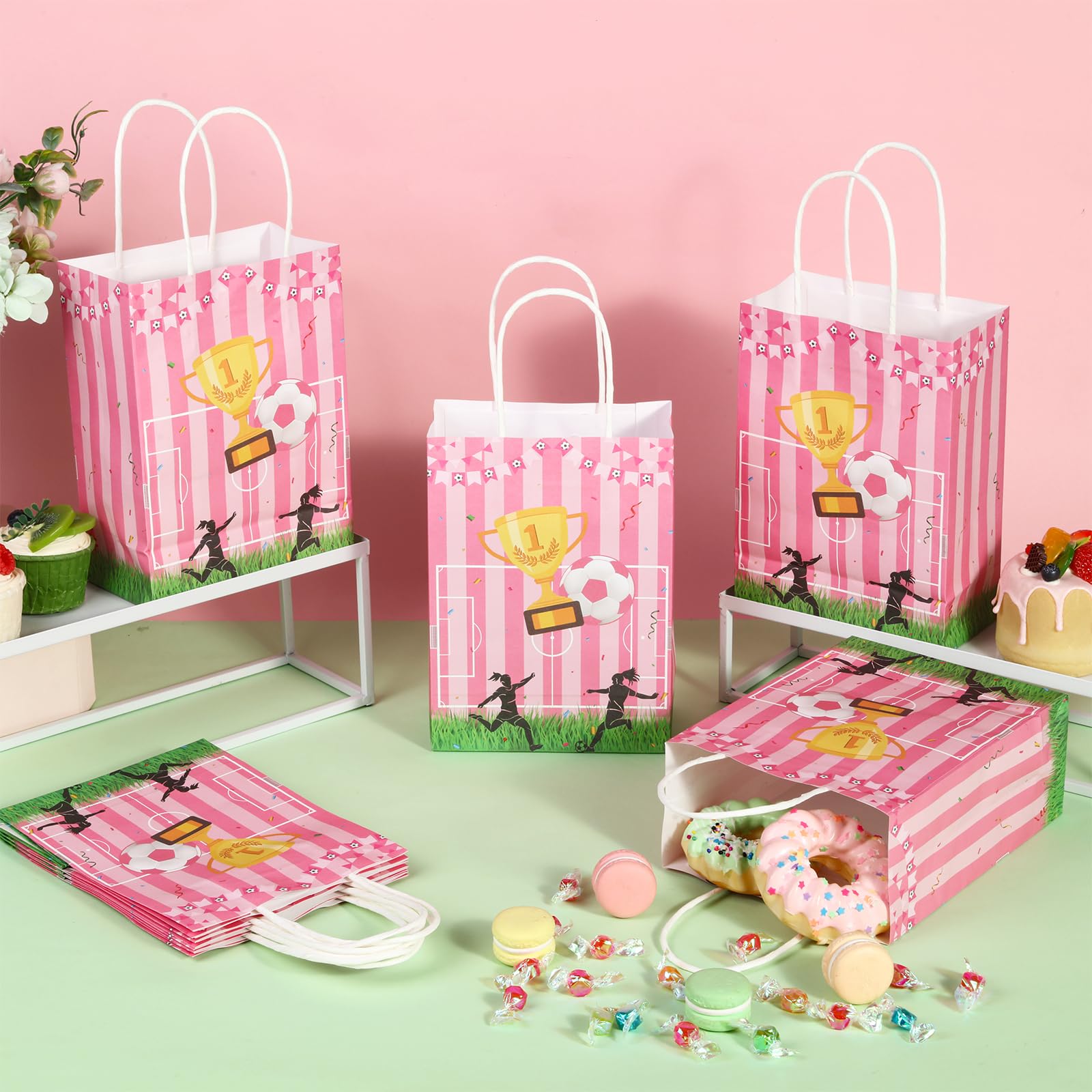 Sweetude 24-Pack Soccer Party Favor Bags With Pink Bows - 7.9" X 7.9" Non-Woven Treat Bags For Sports Birthdays