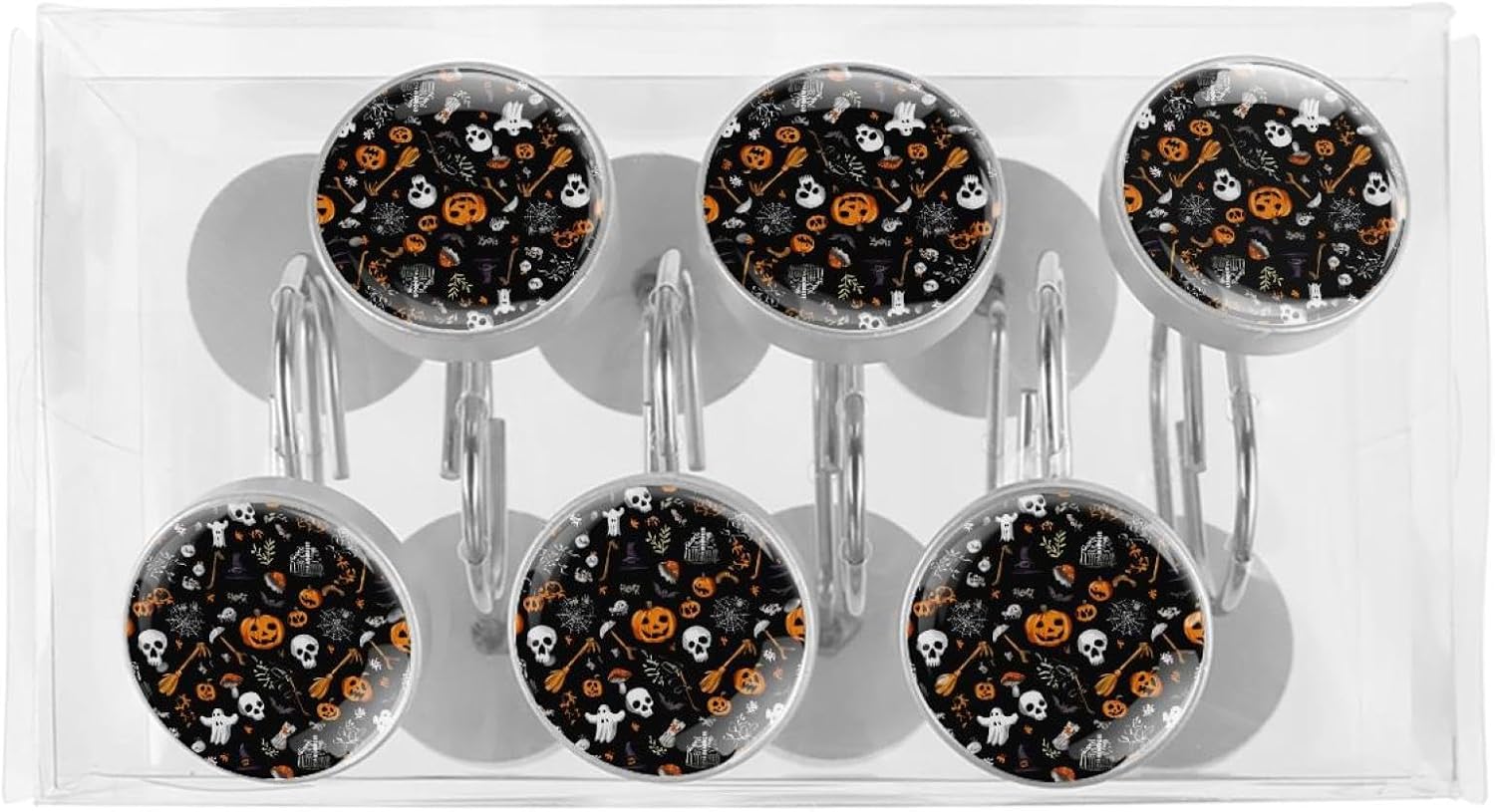 Halloween (10) Round Crystal Glass Decorative Shower Curtain Hooks with 3D Pattern Visual, Rust Proof Shower Curtain Rings-12 Pack