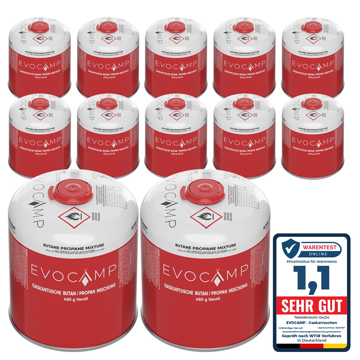 EVOCAMP Cartuccia di gas propano butano da 450g, cartuccia a vite con filettatura europea 7/16", bombola di gas a valvola da 809ml, bombolette di gas utilizzabile per griglie Weber (12X)