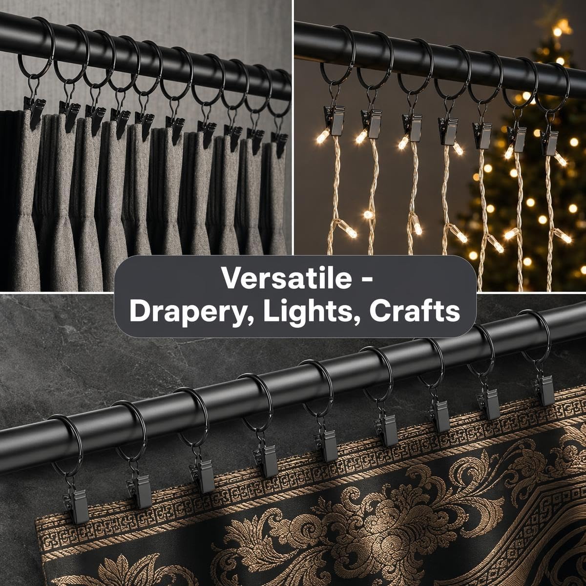 12 Pack Black Metal Shower Curtain Rings with Clips, 1.26 Inch Interior Diameter Fits 1.2" Rods, Heavy-Duty Rustproof Vintage Eyelet Hangers for Shower Curtains, Drapery, Lights, Crafts