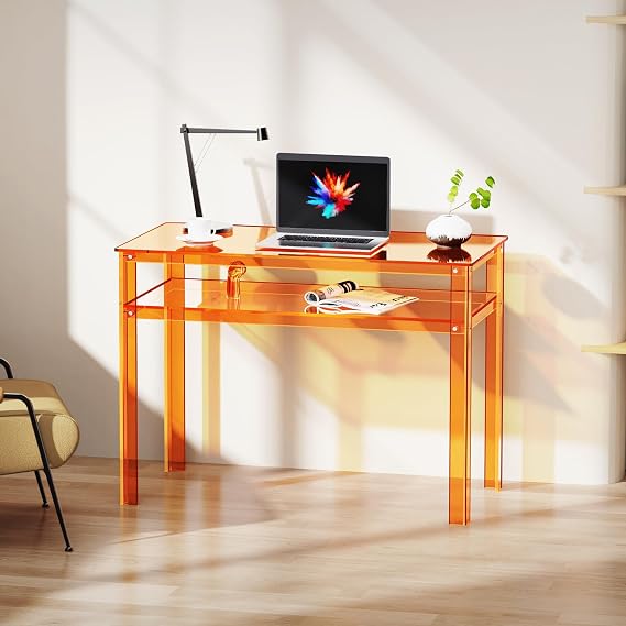 Clear Acrylic Desk with Open Storage, Home Office Computer Writing Desk Office Study Table (Orange, 39.4'' x 19.7'' x 29.5'')