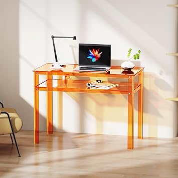 Clear Acrylic Desk with Open Storage, Home Office Computer Writing Desk Office Study Table (Orange, 39.4'' x 19.7'' x 29.5'')