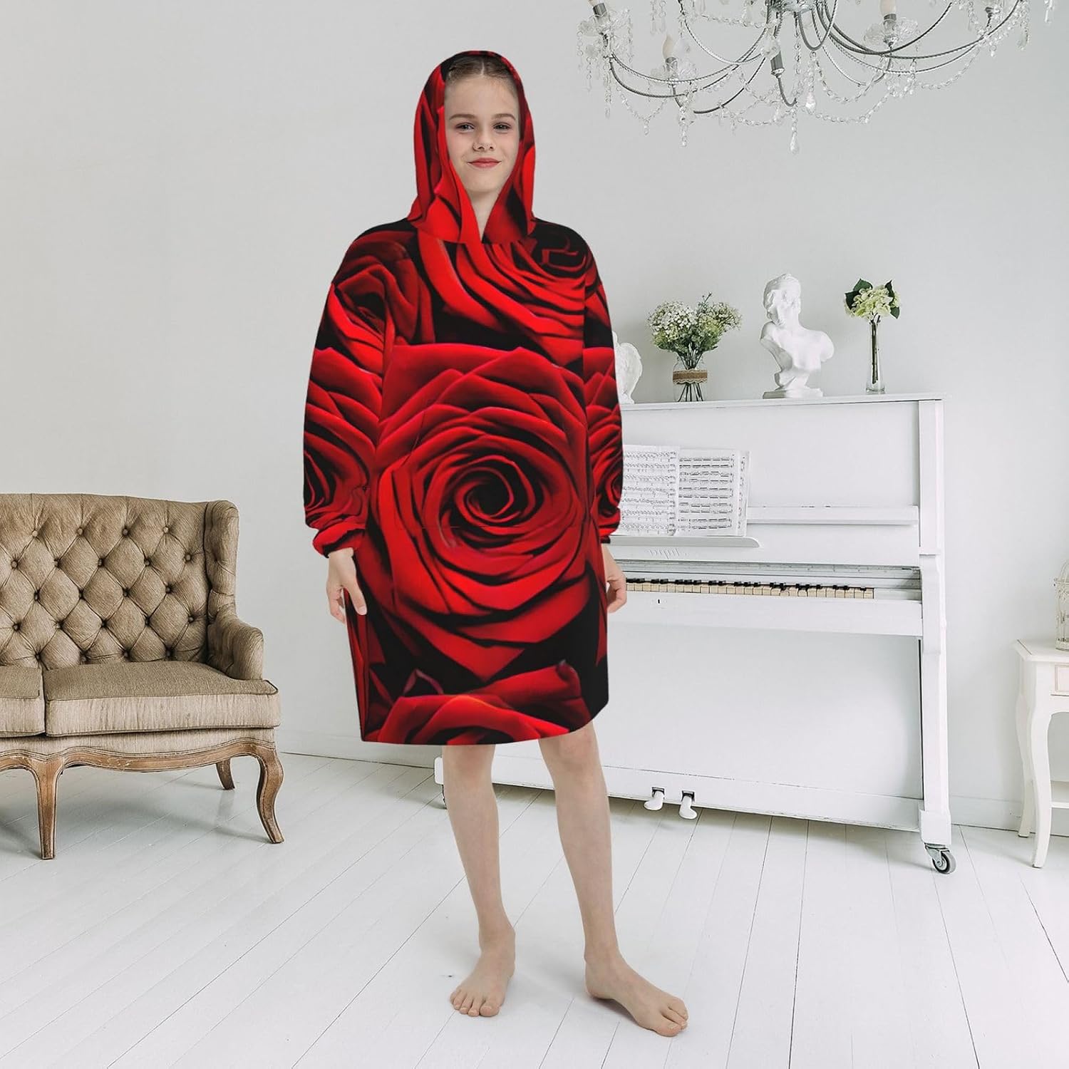 Red Rose Flower Print Oversized Blanket Hoodie, Wearable Blanket Hooded,Hooded Pullover With Pocket