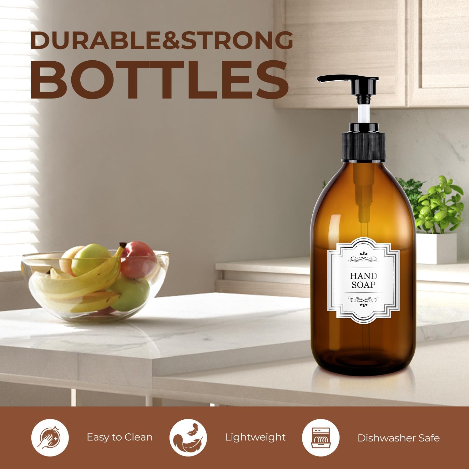 16 oz Amber Glass Soap Dispenser with Pump, Glass Pump Bottle for Lotion Body Oil, 500ml Hand and Dish Soap Dispensers Set with Storage Caps, Labels - 2 Pack - Image 7
