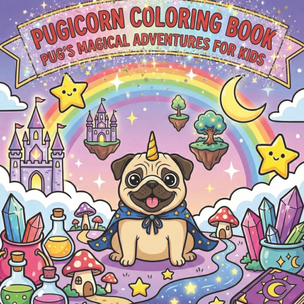 Pugicorn Coloring Book: Pug's Magical Adventures For Kids: A Cute and Funny Coloring Book for Children Ages 4-8 | Bold and Easy Designs with Unicorns, ... (The Chubby Pug Adventures Coloring Series)