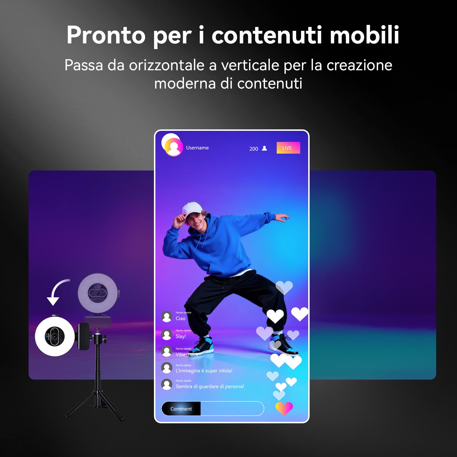 EMEET Webcam S600L 4K per Streaming con Luce ad Anello, 4 Modalità di Illuminazione, Effetto Arcobaleno, Sensore da 1/2", Imaging AI, PDAF 0,2S, 2 Microfoni, Webcam 4K con Luce per OBS/Twitch/PC/Mac