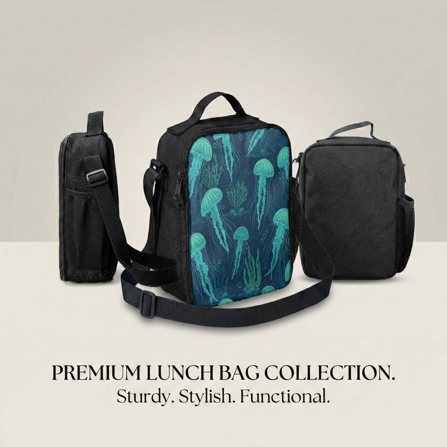 Glowing Jellyfish Print 17 Inch Backpack Set 3 Piece Ocean Theme Vibrant Coral Reef Travel Laptop Daypack (04)