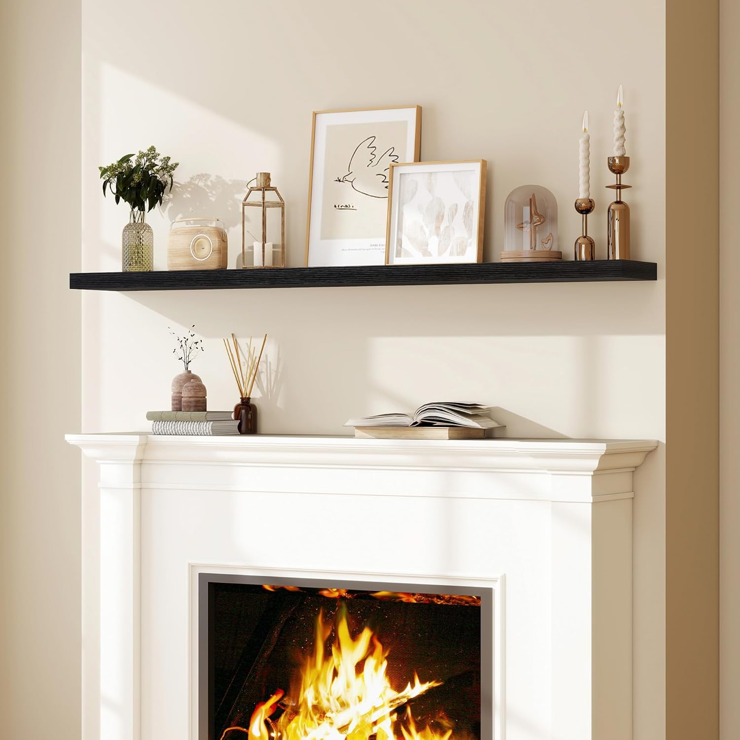 fun memories 66 inch fireplace mantel shelf with invisible bracket, 8 inch deep floating shelf for living room, kitchen, farmhouse, black rustic black 66"w x 8"d - 1p