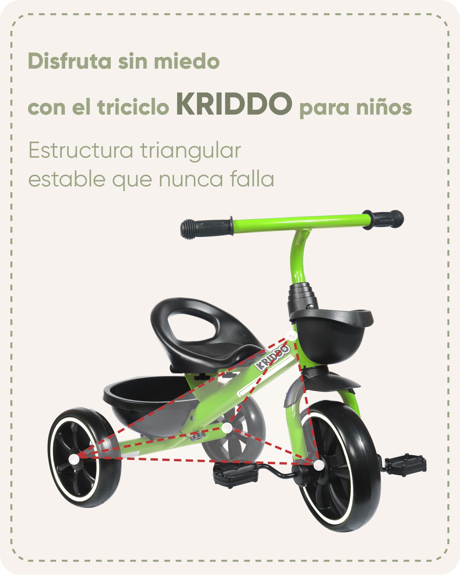 KRIDDO Triciclo Infantil para Niños de 2 a 5 Años, Triciclo para Niños y Niñas con Diseño Antivuelco, Asiento Ergonómico, Ruedas Silenciosas y Cesta, Regalo Infantil, Verde