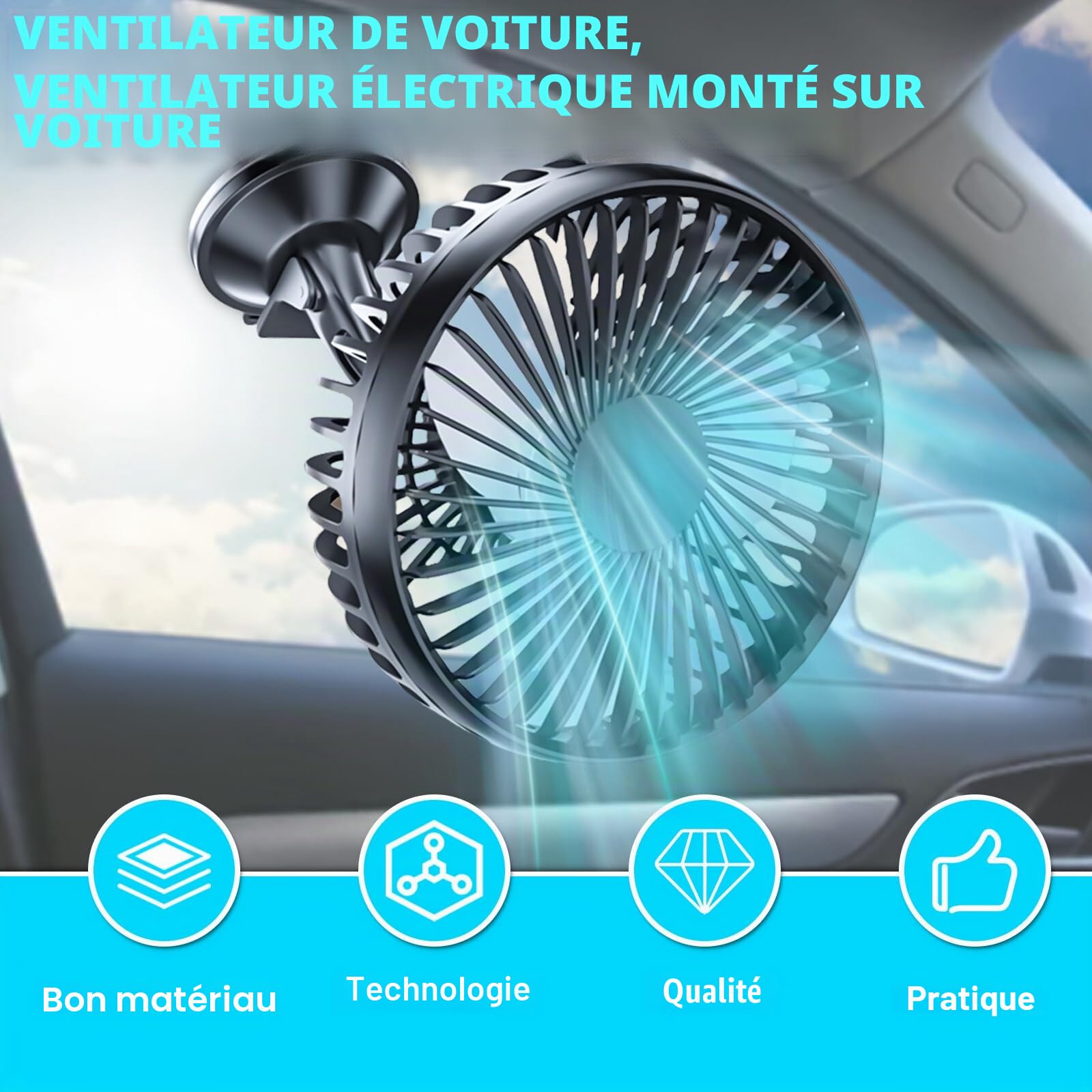 GOMETY Ventilateur de voiture, portable, rotatif à 360°, USB 12 V/24 V, universel, 3 vitesses, ventilateur de refroidissement, ventilateur de table pour la maison, le bureau, la poussette, le camping