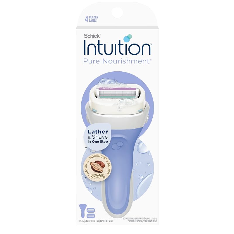 INTUITION Schick Pure Nourishment barbeador feminino com 4 lâminas, manteiga de cacau orgânica e 2 refis