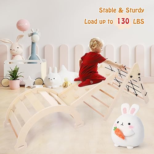 Miniatura 5 de Bophy Juego de gimnasio interior para niños pequeños, juguetes de escalada de madera 3 en 1, triángulo plegable para escalada y deslizamiento para