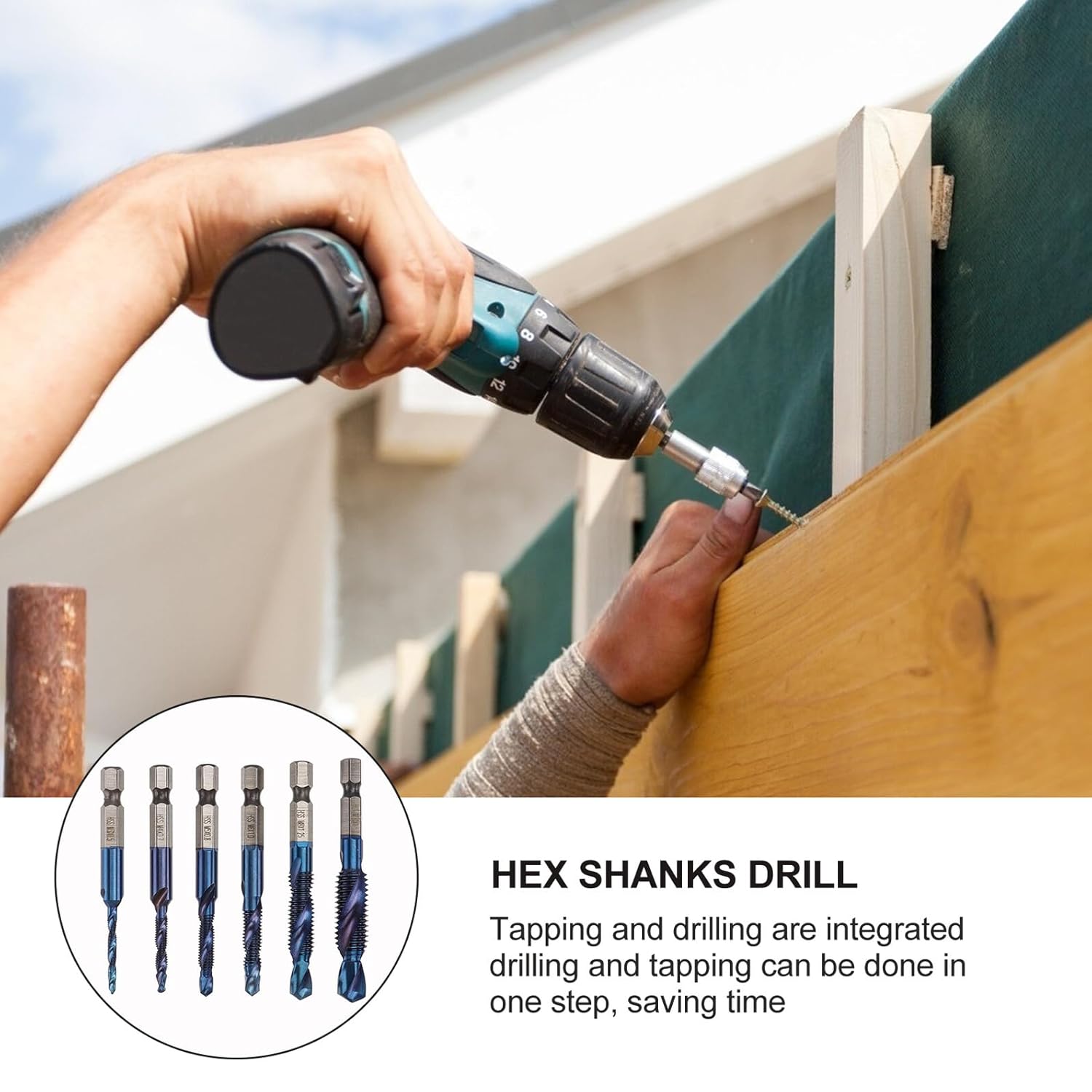 6pcs M35 High-Speed Steel Hex Shank Screw Tapping and Spiral Drill Bit Set with Nami Blue Coating, Metric Thread Tap Bits M3-m10 for Metalworking and Industrial Use