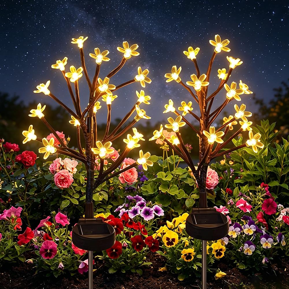 Yofhpt Warm White 2Pcs Solar Flower Lights, 40 Led Cherry Blossom Solar Lights Outdoor Garden, Solar Stake Lights Outdoor Garden, Swaying Solar Garden Lights For Lawn Yard Terrace Pathway Decoration