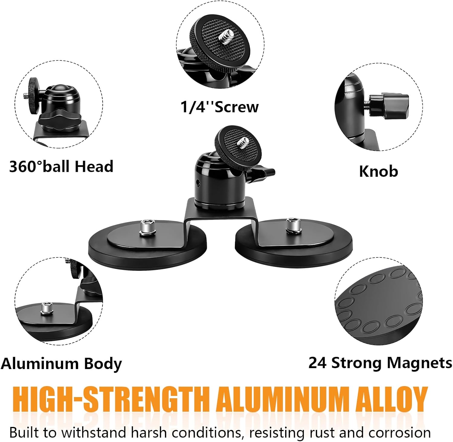 Chelhead Heavy-Duty Magnetic Camera Mount with 2 Base Metal Car Magnetic Camera Mount with 360°Rotation Compatible with GoPro Hero, DJI, Insta360, Sjcam Action Cameras