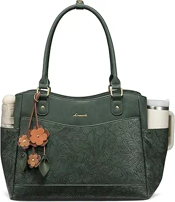 LOVEVOOK Laptop Bag for Women, Leather Vintage Work Tote Bag Computer Office Teacher Bag with Large Cup Holder